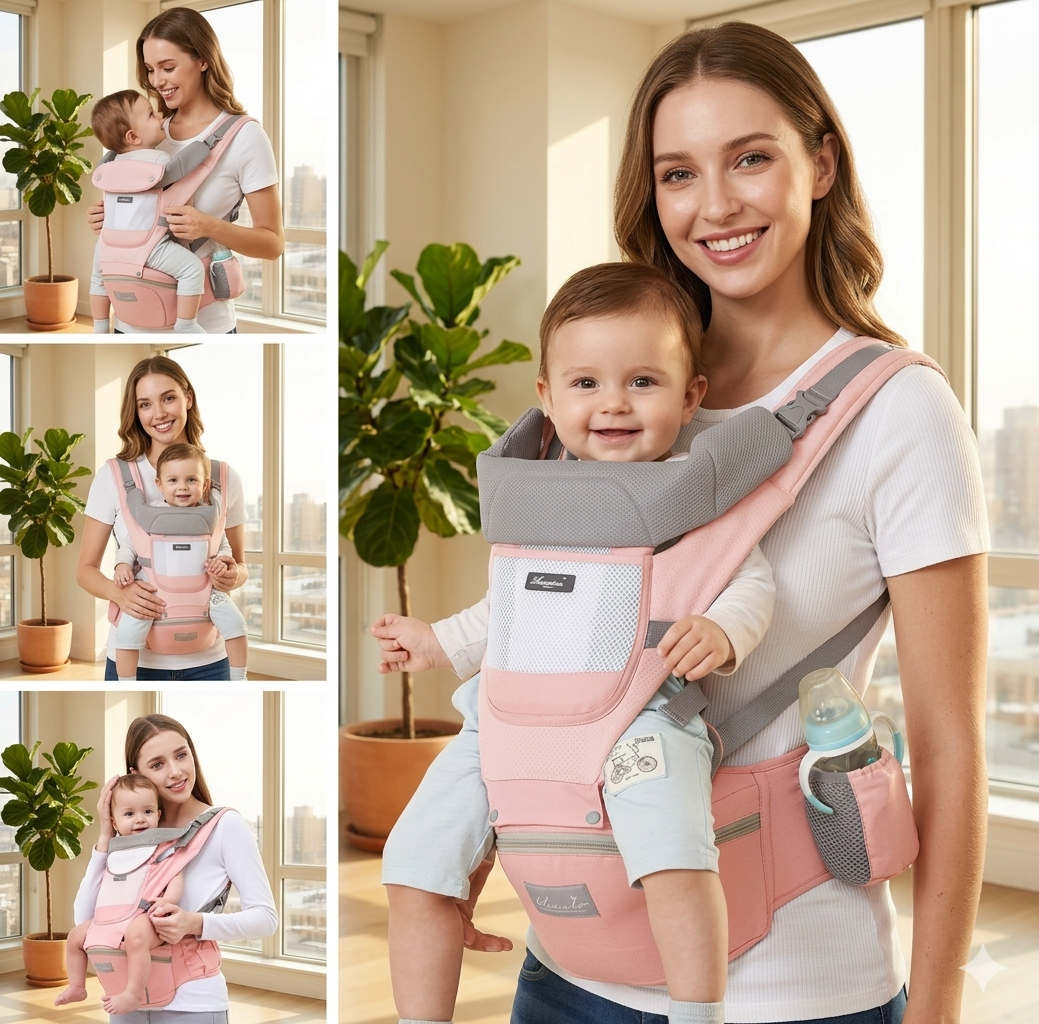 Ocanoiy 6-in-1 baby carrier 100% cotton hip seat ergonomic all seasons ASTM certified USA