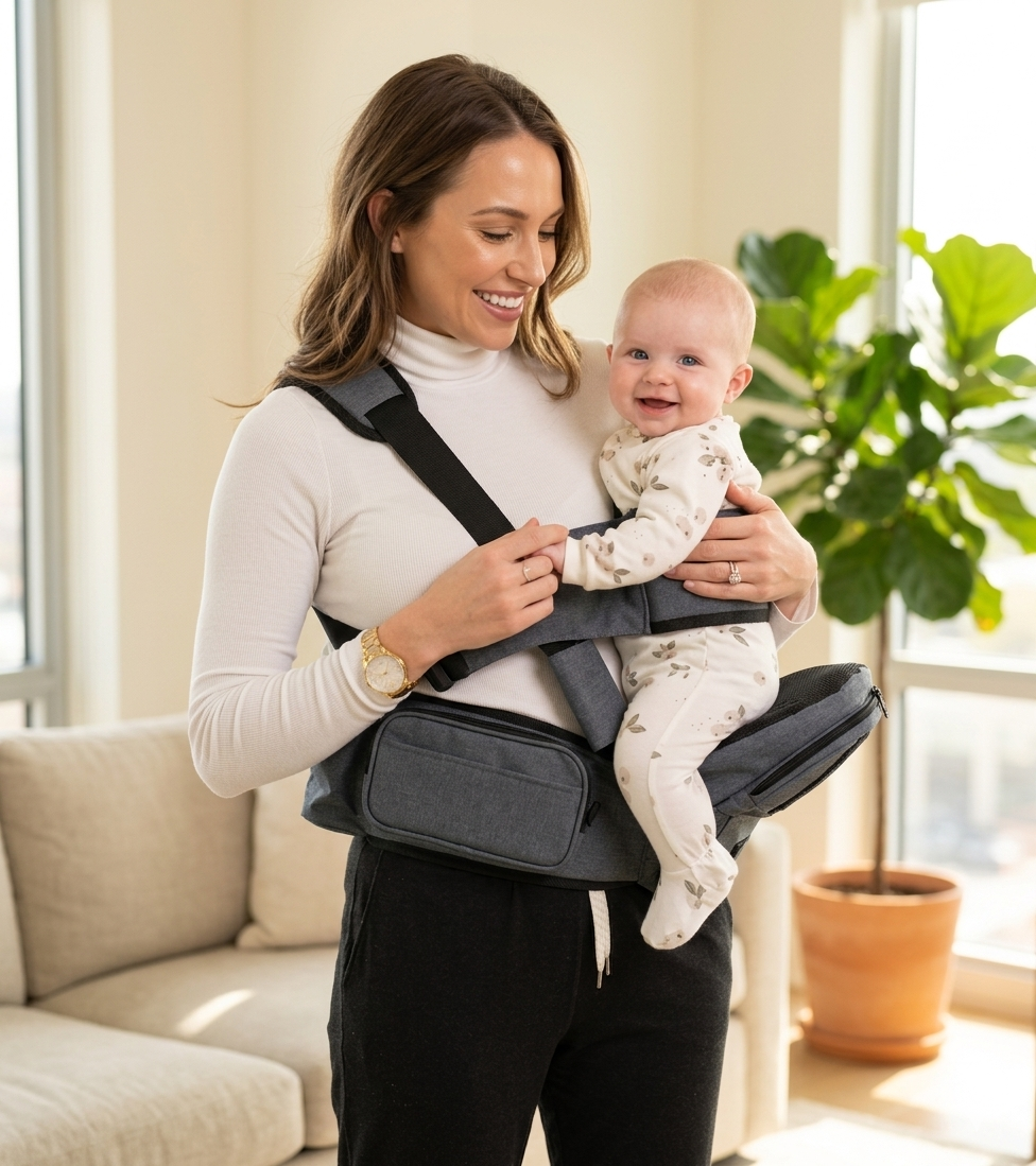SimplyChey baby hip carrier with cooling ventilated seat and insulated bottle holder ASTM certified